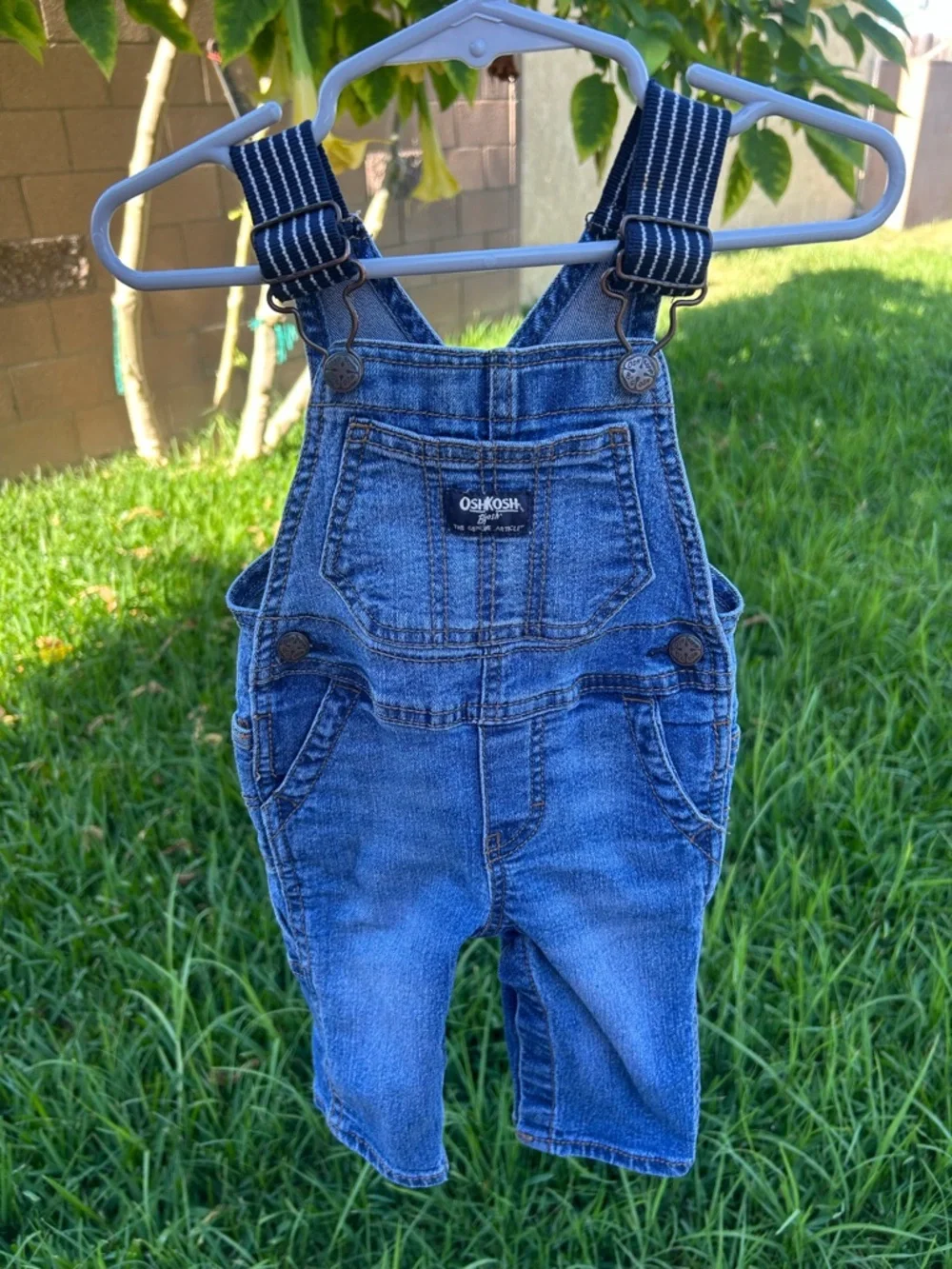 OshKosh B'gosh Classic Blue Denim Kids Overalls with Striped Straps